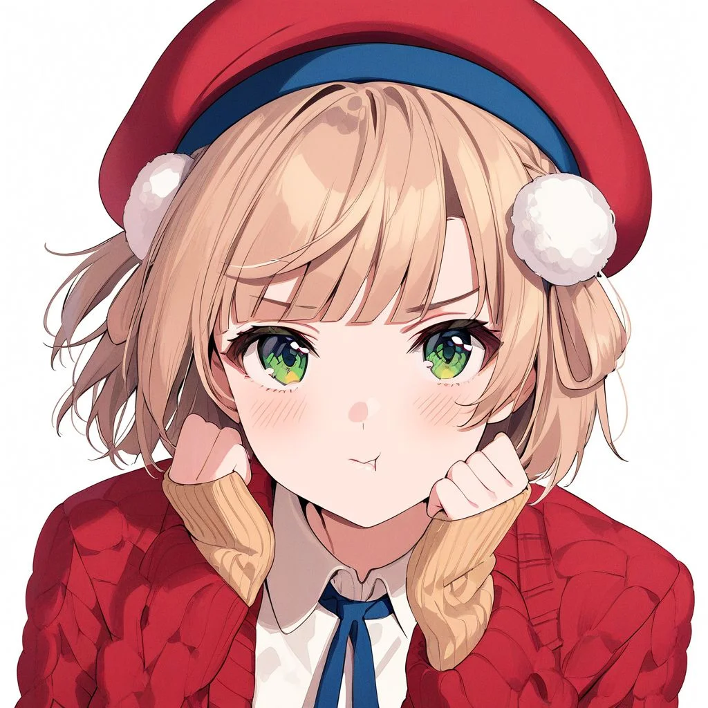 (masterpiece),(best quality),(ultra-detailed),(best illustration),(best shadow),(absurdres),(detailed background), (very aesthetic), looking at viewer, solo, 1girl, shigure ui, brown hair, short hair, green eyes, white casual outfit, red jacket, white colored hair accessory, beret, upper body view, looking at viewer, pout, jealous, on a room, isztoksk