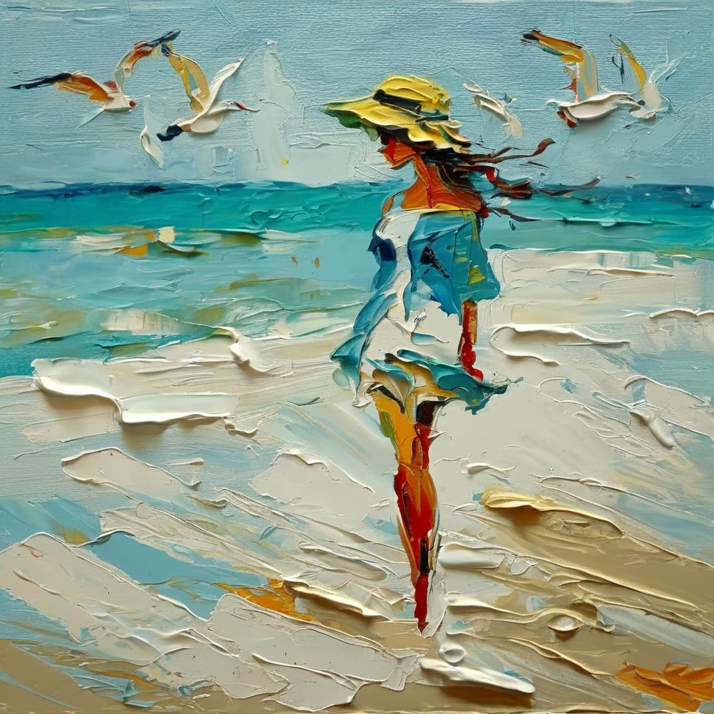 impasto girl walking on the beach <lora:impasto:1>