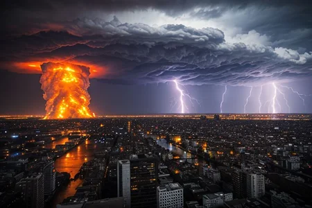 a burning city, thunderstorm, end of days