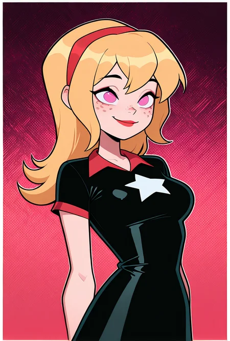 <lora:lucybig:1>, lucybig, long hair, blonde hair, red hairband, pink eyes, lipstick, smile, short sleeves, star (symbol), short dress, black dress, freckles, red theme, dynamic pose,, masterpiece, best quality, amazing quality, very aesthetic, absurdres, newest,, upper body, halftone effect, white borders, abstract background:1.2,