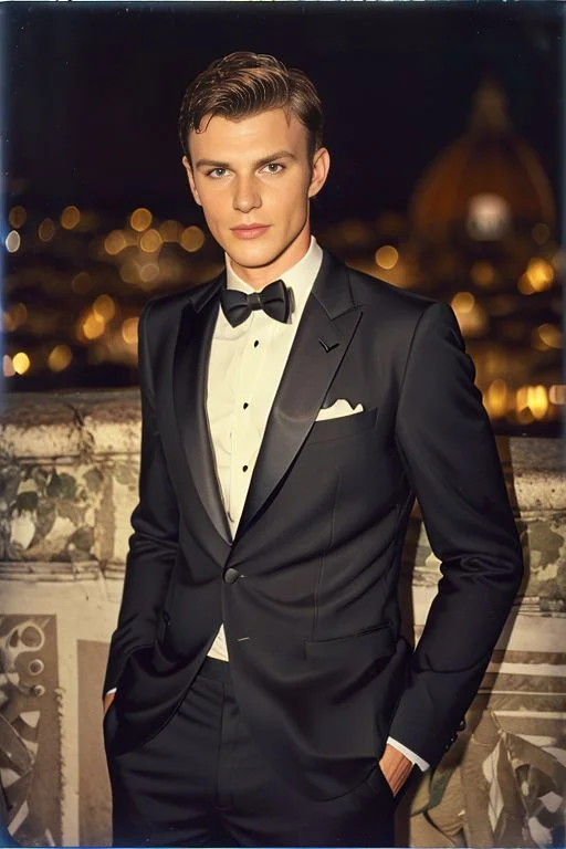 male model, black suit, seductive, Florence, Italy background, night, bokeh, depth of field, (upper body:1.0), best quality, intricate details, detailed eyes, masterpiece, film grain, 1980s, kodakchrome, flashlight <lora:flashlight_v10:1>