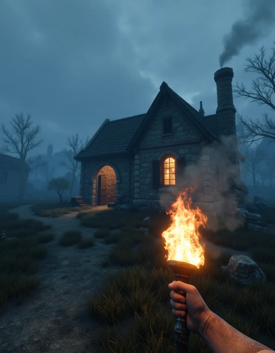 Video game render of a fantasy landscape, cobblestone house with chimney, smoke coming out of the chimney,  window lit ,  <lora:first_person_pov_v1:1> first person pov, holding a lit torch, dirt path,