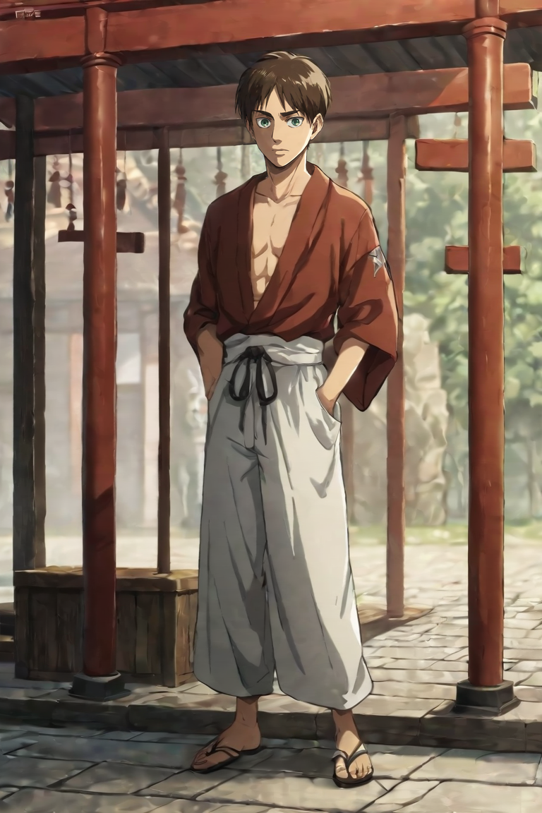 score_9, score_8_up, score_7_up, score_6_up, score_5_up, score_4_up, BREAK source_anime, 1boy, solo, male focus, full body, <lora:Eren_Yeager_PonyXL:0.76>, eren_yeager, brown hair, green eyes, , shrine, <lora:sdxl_lightning_8step_lora:1>