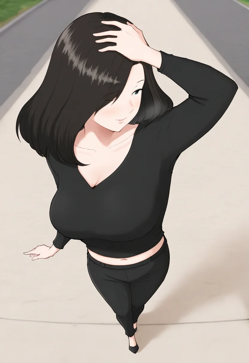 masterpiece, best quality, amazing quality, 1girl, mature_female, solo, large breasts, Dancing with one hand above the head, perspective, Mauve Croptop, big hair, skinhead, Jet Black hair, path, lower_body, <lora:Illustrous\horsetail_illu:1.0>