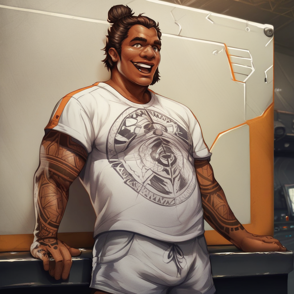 score_7_up, score_8_up, solo male, ApexGibraltar, hair bun, tan skin, tattoo, arms out, graphic tee, funny t-shirt, shorts, open mouth smile, indoors, science fiction setting, detailed background,