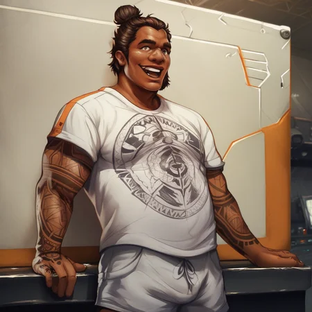 score_7_up, score_8_up, solo male, ApexGibraltar, hair bun, tan skin, tattoo, arms out, graphic tee, funny t-shirt, shorts, open mouth smile, indoors, science fiction setting, detailed background,