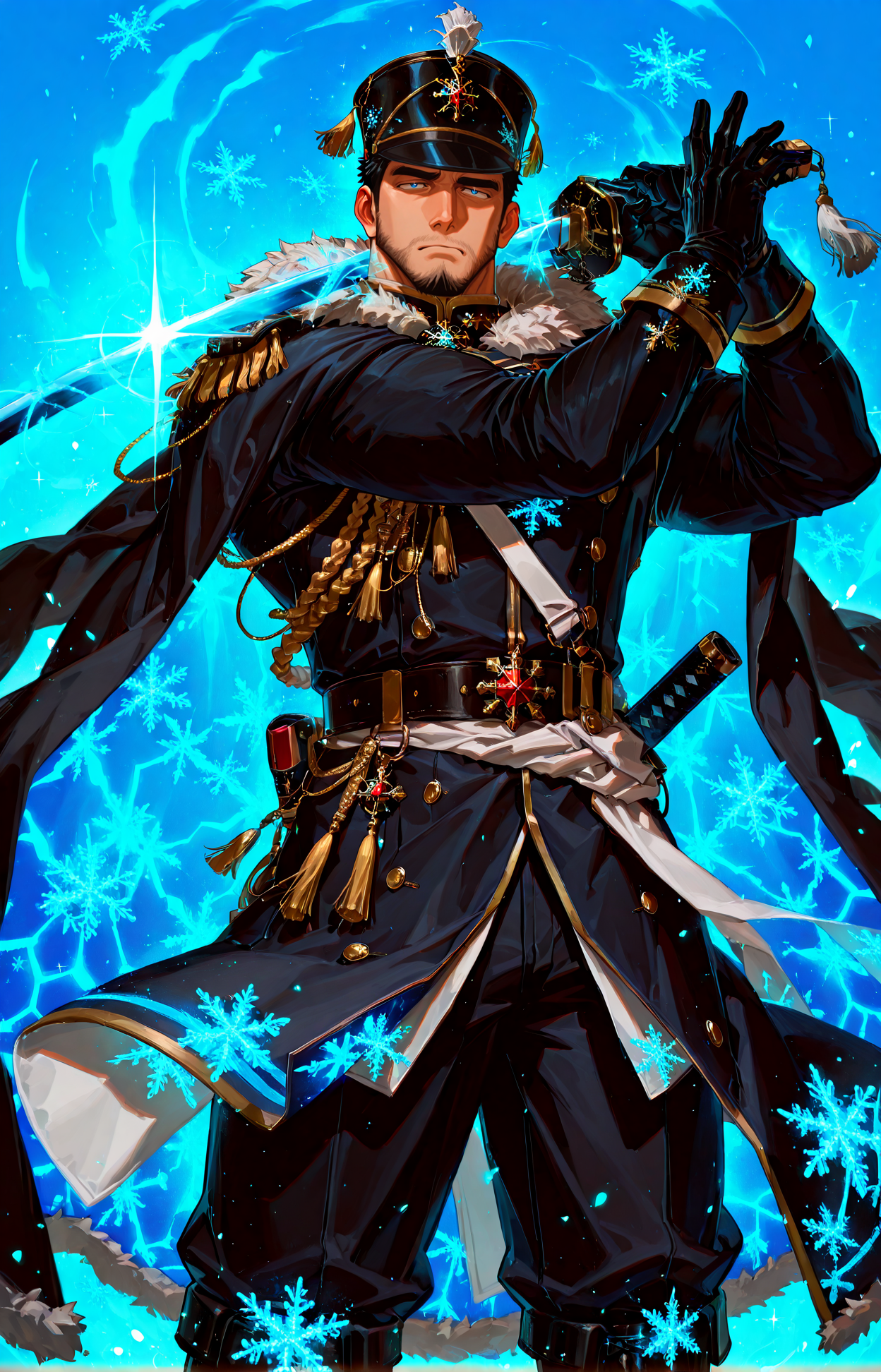 <lora:pose_sword-guard-stance-illustriousxl-lora-nochekaiser:1>, sword guard stance, sword, weapon, solo, katana, holding, holding weapon, holding sword, looking at viewer,  cowboy shot, pants, (full armor, cape, armor, fantasy armor)
<lora:face_Edwin__Alchemist_Code-000004:.7>, tagatameedwin, 1boy, black hair, dark blue eyes, short hair, solo, male focus, manly, bara, mature male, muscle body, shako hat, fur trim, snowflakes pin, coat, aiguillette, shirt, sash, gloves, glowing pattern, tassel, pants, boots,
cowboy shot, 
(very short hair, beard, bara, mature, facial hair, stubble, beard, full beard, sideburn, beard, a lot of beard, ), facial hair,male focus, muscular male, muscular male, bara, mature,  bara, mature, aixiwuganda_(20222192), very awa, masterpiece, best quality, absurdres, newest, perfect quality, detailed background, intricate details,
<lora:slider_Body Type_alpha1.0_rank4_noxattn_last:3><lora:Anime Summer Days 2 Style SDXL_LoRA_Pony Diffusion V6 XL:.6><lora:slider_cfg_scale_boost:.7><lora:Artist6p:.55>, Artist6p, Artist04p,<lora:slider_il_brightness_slider_d1:-1><lora:slider_il_contrast_slider_d1:-1><lora:slider_DarkSlider1.2_alpha1.0_rank16_full_300steps:-.6><lora:slider_contract_controller_illus01_v1:.5>,