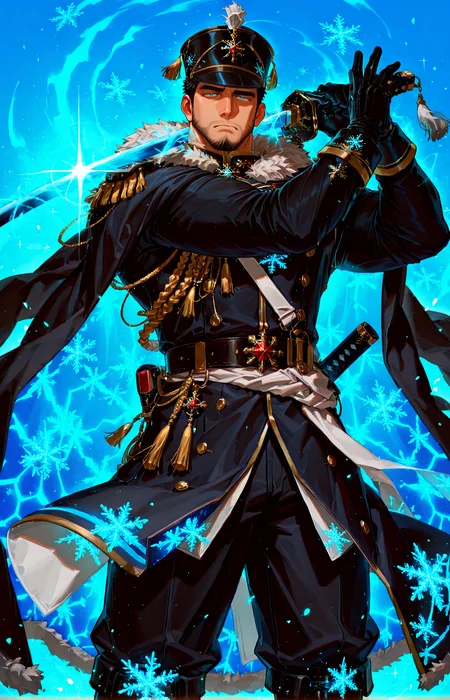 <lora:pose_sword-guard-stance-illustriousxl-lora-nochekaiser:1>, sword guard stance, sword, weapon, solo, katana, holding, holding weapon, holding sword, looking at viewer,  cowboy shot, pants, (full armor, cape, armor, fantasy armor)
<lora:face_Edwin__Alchemist_Code-000004:.7>, tagatameedwin, 1boy, black hair, dark blue eyes, short hair, solo, male focus, manly, bara, mature male, muscle body, shako hat, fur trim, snowflakes pin, coat, aiguillette, shirt, sash, gloves, glowing pattern, tassel, pants, boots,
cowboy shot, 
(very short hair, beard, bara, mature, facial hair, stubble, beard, full beard, sideburn, beard, a lot of beard, ), facial hair,male focus, muscular male, muscular male, bara, mature,  bara, mature, aixiwuganda_(20222192), very awa, masterpiece, best quality, absurdres, newest, perfect quality, detailed background, intricate details,
<lora:slider_Body Type_alpha1.0_rank4_noxattn_last:3><lora:Anime Summer Days 2 Style SDXL_LoRA_Pony Diffusion V6 XL:.6><lora:slider_cfg_scale_boost:.7><lora:Artist6p:.55>, Artist6p, Artist04p,<lora:slider_il_brightness_slider_d1:-1><lora:slider_il_contrast_slider_d1:-1><lora:slider_DarkSlider1.2_alpha1.0_rank16_full_300steps:-.6><lora:slider_contract_controller_illus01_v1:.5>,