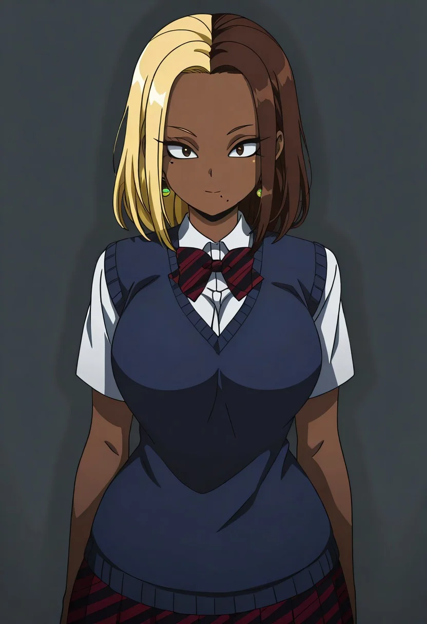 cinematic, (masterpiece), (best quality), (ultra-detailed), very aesthetic, illustration, perfect composition, intricate details, absurdres, detailed face, (anime, masterpiece, intricate:1.3), realistic,masterpiece, best quality, ultra detailed,high quality,high res,4K,8K,well drawn,
luster,glittery,dynamic back lighting,dark lighting,sharp focus, perfect hands, perfect light,add_detail:1, add_detail:0, add_detail:0.5,
1girl,solo,oneminenenecnn,mole under eye, mole under mouth,mm,big breasts,medium hair,dark-skinned female,split hair, split-color hair, brown hair, blonde hair,earrings,potara earrings,anime coloring,wide hips, looking at viewer, ,beautiful face, perfect face,school uniform,Blue jacket,black sweater,pleated skirt, white shirt,bowtie, short sleeves,striped skirt, cleavage,looking at viewer,simple background,White background,
anime screencap, anime coloring