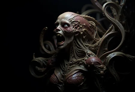 bv-mychorwo, mycelium, horror,. A close-up of a mycelium-infused humanoid with hollow, glowing eyes filled with a malevolent, ancient hunger, their face twisted in an unnatural expression frozen by fungal control, covered in skeletal growths piercing through the flesh, captured in haunting, claustrophobic ambiance that makes the creature appear almost alive, surrounded by a pervasive sense of choking dread, as if darkness itself is alive and closing in| A full-body shot of a mutated humanoid with fungi spreading relentlessly, its face a gruesome mask of terror and mycelium growth, standing in a dark, dripping fungal nest echoing with cries of agony, featuring organic, wet surfaces that glisten with rot and corruption, rendered as a surreal, mind-twisting artwork influenced by H.R. Giger and Lovecraftâs darkest imaginings| A surreal fungal entity resembling a monstrous creature of mycelium with twisted, skeletal branches that extend like the fingers of a vengeful spirit, set against an alien landscape dominated by hostile, predatory fungi, depicted with iridescent, glistening highlights reflecting off its slimy, decayed surface, inspired by an eldritch nightmare evoking Lovecraftian cosmic terror} , <lora:bv-mycelium-horror-world-v1.safetensors:1.0:1.0>