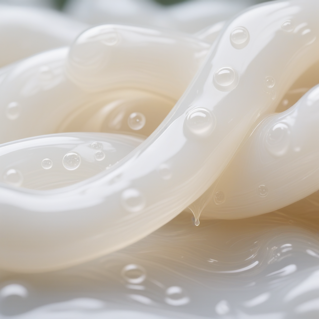 tsmlkslimsed, tramilkslimsed, trclkyslimsed, macro shot of thick milky translucent cumlike slime, sticky and stretchy strands dripping downward, glossy surface tension and bubbles, close-up of viscous creamy texture, cinematic soft focus