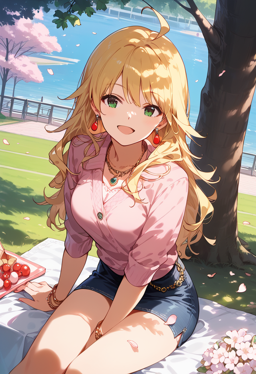 score_9,score_8_up,score_7_up, source anime, rating_safe,
<lora:Expressive_H:1.0>, uncensored,
1girl, <lora:KisaragiChihaya_pony_v1:0.9>, hsimk, long hair, blonde hair, bangs, ahoge, green eyes, large breasts, 
pink shirt, (denim pencil skirt, miniskirt:1.1),  earrings, necklace, bracelet,
looking at viewer, solo,
dating, picnic, (lunchbox:1.1), seat, on seat,
outdoors, park, on grass, tree, cherry blossoms, Cherry blossom leaves dancing, sunlight filtering through the trees,
sitting, wariza, hand between legs,
(dutch angle), (from above:1.1),
against tree,
smile, open mouth,
masterpeice, best quality, very aesthetic, absurdres,