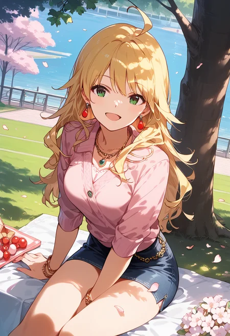 score_9,score_8_up,score_7_up, source anime, rating_safe,
<lora:Expressive_H:1.0>, uncensored,
1girl, <lora:KisaragiChihaya_pony_v1:0.9>, hsimk, long hair, blonde hair, bangs, ahoge, green eyes, large breasts,
pink shirt, (denim pencil skirt, miniskirt:1.1), earrings, necklace, bracelet,
looking at viewer, solo,
dating, picnic, (lunchbox:1.1), seat, on seat,
outdoors, park, on grass, tree, cherry blossoms, Cherry blossom leaves dancing, sunlight filtering through the trees,
sitting, wariza, hand between legs,
(dutch angle), (from above:1.1),
against tree,
smile, open mouth,
masterpeice, best quality, very aesthetic, absurdres,