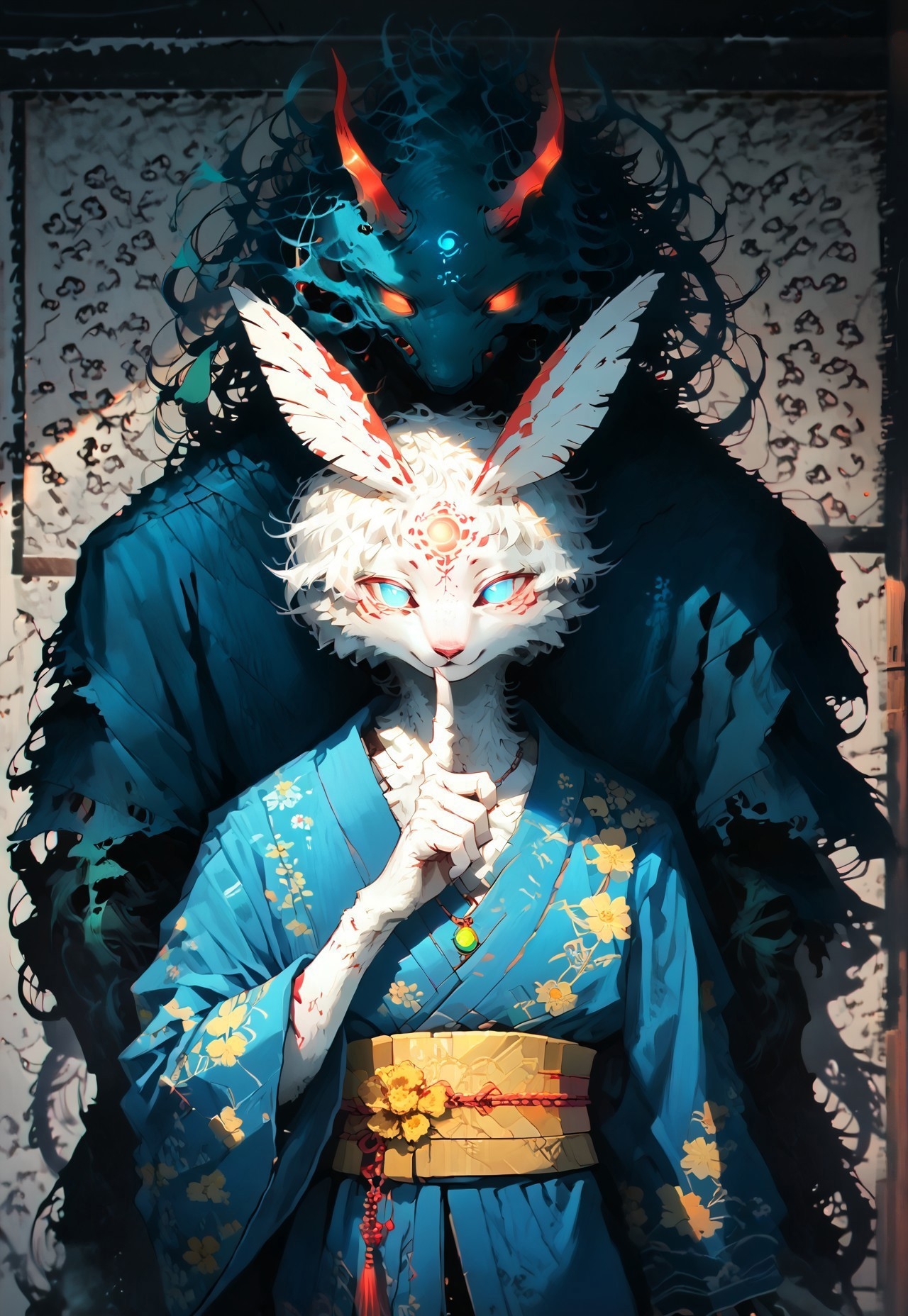 score_9, score_8_up, score_7_up,
BREAK 1boy, solo, kemono, moth, anthro, feather antennae, white fur, blue eyes, glowing eyes, shaded face, blue kimono, floral prints, yellow obi, green pendant, smile, closed mouth, wide sleeves, hu5h1ng, finger to mouth, cowboy shot, fron view, forehead tattoos, facial markings,
BREAK th3d4rk, darkness, shadow, monstrous black fog demon, looming over,
BREAK Sinozick, dark aesthetic, cinematic lighting, s1_dram, detailed background, pagoda