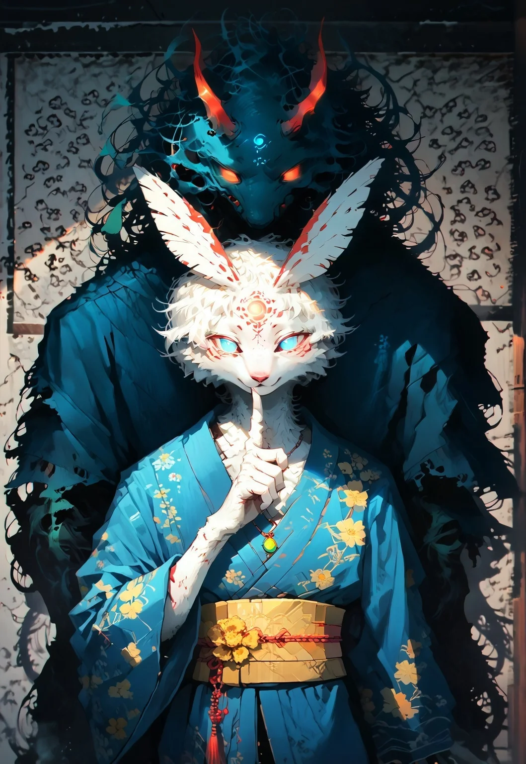 score_9, score_8_up, score_7_up,
BREAK 1boy, solo, kemono, moth, anthro, feather antennae, white fur, blue eyes, glowing eyes, shaded face, blue kimono, floral prints, yellow obi, green pendant, smile, closed mouth, wide sleeves, hu5h1ng, finger to mouth, cowboy shot, fron view, forehead tattoos, facial markings,
BREAK th3d4rk, darkness, shadow, monstrous black fog demon, looming over,
BREAK Sinozick, dark aesthetic, cinematic lighting, s1_dram, detailed background, pagoda