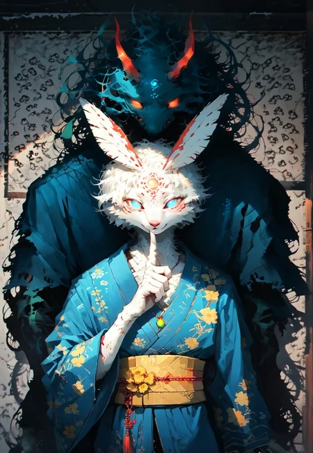 score_9, score_8_up, score_7_up,
BREAK 1boy, solo, kemono, moth, anthro, feather antennae, white fur, blue eyes, glowing eyes, shaded face, blue kimono, floral prints, yellow obi, green pendant, smile, closed mouth, wide sleeves, hu5h1ng, finger to mouth, cowboy shot, fron view, forehead tattoos, facial markings,
BREAK th3d4rk, darkness, shadow, monstrous black fog demon, looming over,
BREAK Sinozick, dark aesthetic, cinematic lighting, s1_dram, detailed background, pagoda