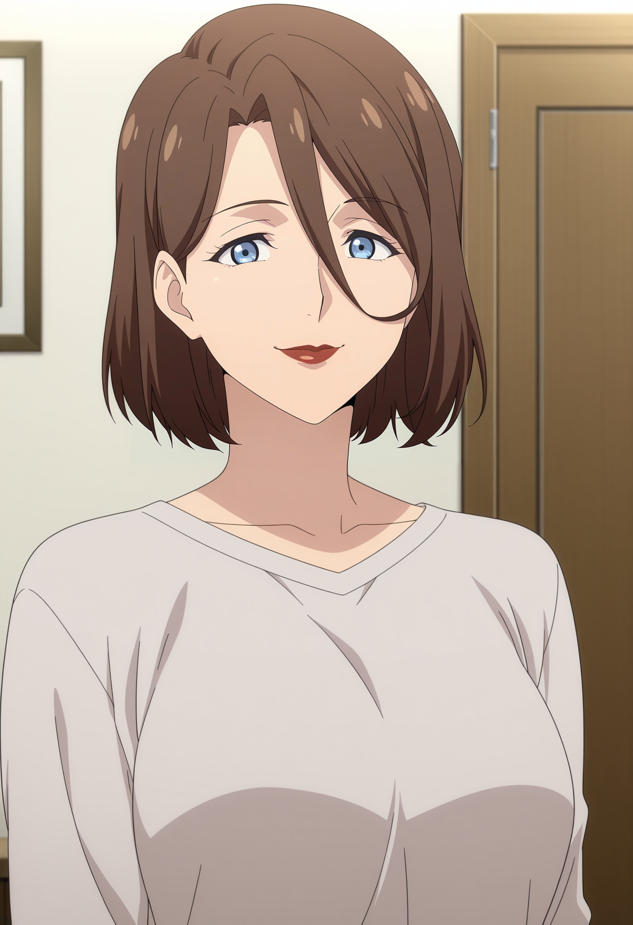 1girl,solo,mm,mature female,brown hair,blue eyes,short hair,hair between eyes,lipstick,anime coloring,
shirt,upper body, looking at viewer, smile,indoors
,masterpiece,best quality,amazing quality,<lora:Yumika_Sakuraba-Shinobi_no_Ittoki:0.8>
