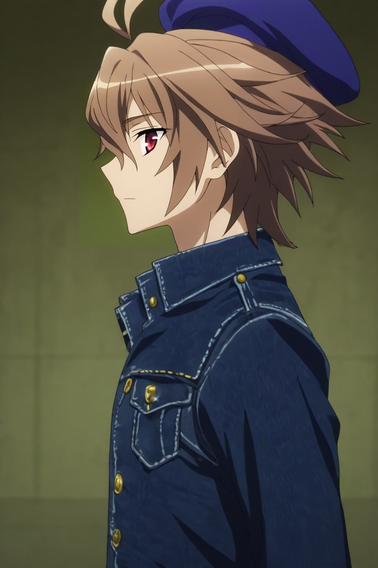 score_9, score_8_up, score_7_up, source_anime, rating_safe, intricate details, anime screencap, , official style, looking at viewer, depth of field, 1boy, solo, male focus, <lora:sieg_fate_apocrypha_pony:0.94>, sieg_fate_apocrypha, brown hair, red eyes, short hair, hair between eyes, bangs, ahoge, profile, concert, dawn, arms behind back, squinting, denim jacket, beret, <lora:sdxl_lightning_8step_lora:1>