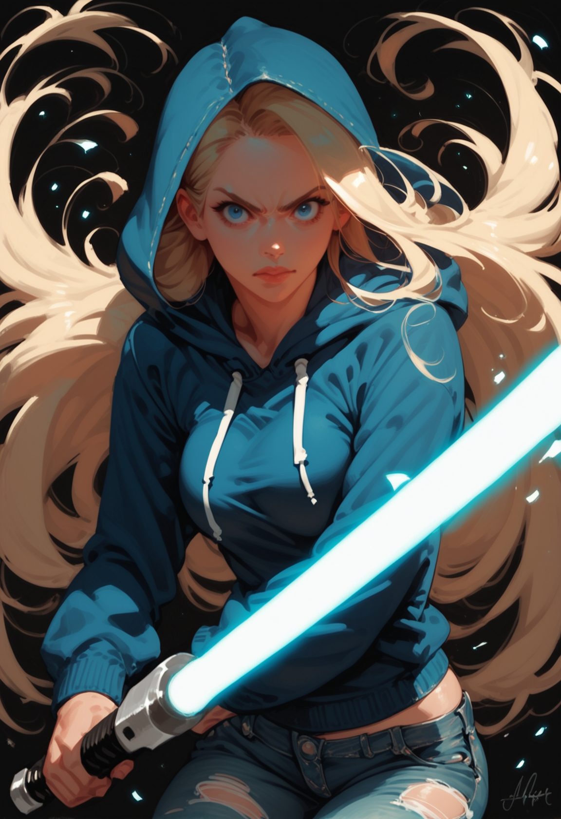 1girl, lightsaber, long hair, blonde hair, solo, energy sword, weapon, hood, sword, hoodie, denim, holding, , blue eyes, torn clothes, looking at viewer, torn pants, very long hair, holding weapon, jeans, holding sword, hood down, pants, dark background, long sleeves, upper body, fighting stance, 
,  <lora:Ri-MIX_A_Illustriousv2-000009:1> rimixa,,, , score_9, score_8_up, score_8_up,