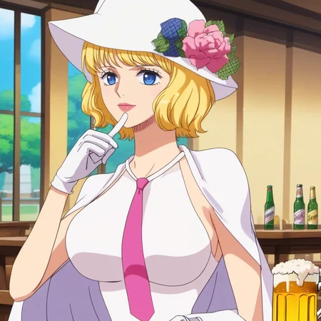 anime artwork a woman, short blonde hair, blue eyes, gloves, necktie, white dress, hat flower, handbag, large breast, having a beer in a pub <lora:Stussy1024:0.8> . anime style, key visual, vibrant, studio anime, highly detailed