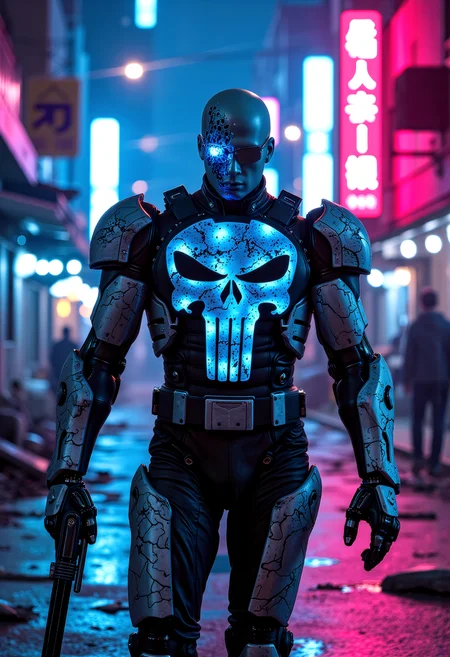 The neon-lit streets of a futuristic slum provide the backdrop for a retro cyberpunk anti-hero, the Punisher. His cybernetic armor, deliberately corrupted with patterns, glows in the night, a testament to his brutal efficiency. The human head, imbued with the iconic Punisher symbol, conveys his unwavering commitment to justice. As he walks through the slums, his mechanical arms and enhanced physique embody the fusion of man and machine. The style, inspired by Apterus and Clive Barker, captures the Punisher's unique blend of vigilante justice and cybernetic enhancements, leaving onlookers enthralled by his presence and the retro-futuristic, synthwave-infused atmosphere that surrounds him. <lora:scifi/fluxPunk_v1.safetensors:1.0>, <lora:flux/Sinfully_Stylish_.02_for_FLUX-000002.safetensors:1.0>, <lora:flux/perfection style v2d.safetensors:1.0>, perfection style, <lora:flux/ARTifacts>,