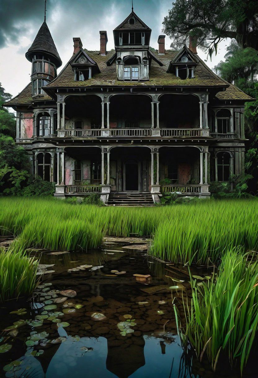 hd, 8k, masterpiece, award winning illustration  of an abandoned mansion covered with grass in a swamp, dungeons and dragons style, fantasy, group of adventurers outside, intricate details, heroic fantasy, spooky, fandist,