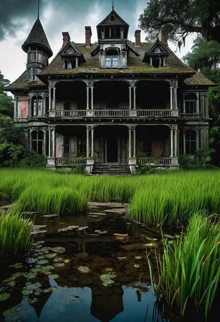 hd, 8k, masterpiece, award winning illustration  of an abandoned mansion covered with grass in a swamp, dungeons and dragons style, fantasy, group of adventurers outside, intricate details, heroic fantasy, spooky, fandist,