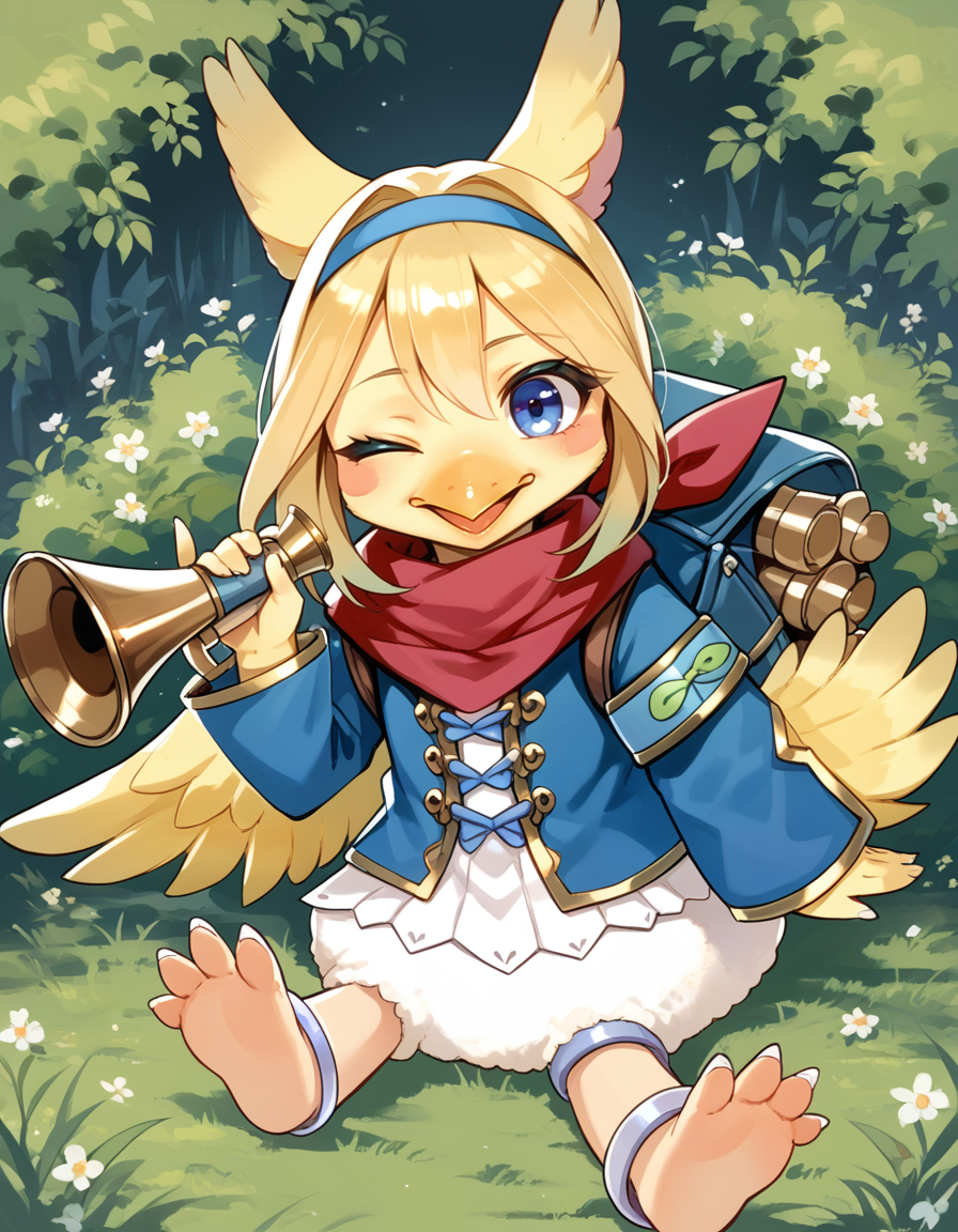 (score_9:0.9),score_8_up,score_7_up,rating_safe,anime_style,(zPDXL3),(zPDXL),
<lora:Filo, Messenger Fur Hire ponyXL v1.1:0.85>,filo messenger fur hire,solo,1girl,blush stickers,open mouth,red scarf,blue jacket,cyan hairband,sidelocks,green backpack,holding trumpet,bird girl,smile,blush,trumpet,barefoot,bottomless,silver anklet,beak,scroll,feathered wings,grass,facing viewer,wariza,one eye closed,head tilt,