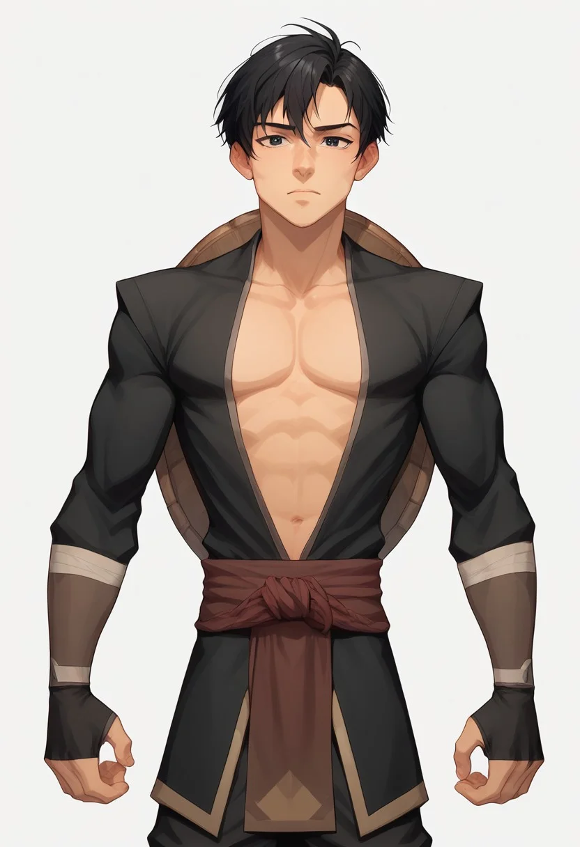 score_9, score_8_up, score_7_up, 8k, best quality, charturnerv2, sz4d3k, 1boy, even skin tone, cell shaded, male focus, indirect lighting, detailed face, detailed eyes, detailed, Expressiveh, adult male, Genbu, black hair, short hair, black eyes, black robes, tight clothes, bara male, pectorals, large chest, face focus, head shotsn Green crystal turtle shell, stern expression, standing, solo, alone, hands, detailed hands, anatomically correct hands, five fingers, NEGATIVE_HANDS