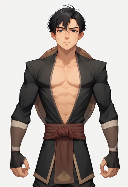 score_9, score_8_up, score_7_up, 8k, best quality, charturnerv2, sz4d3k, 1boy, even skin tone, cell shaded, male focus, indirect lighting, detailed face, detailed eyes, detailed, Expressiveh, adult male, Genbu, black hair, short hair, black eyes, black robes, tight clothes, bara male, pectorals, large chest, face focus, head shotsn Green crystal turtle shell, stern expression, standing, solo, alone, hands, detailed hands, anatomically correct hands, five fingers, NEGATIVE_HANDS