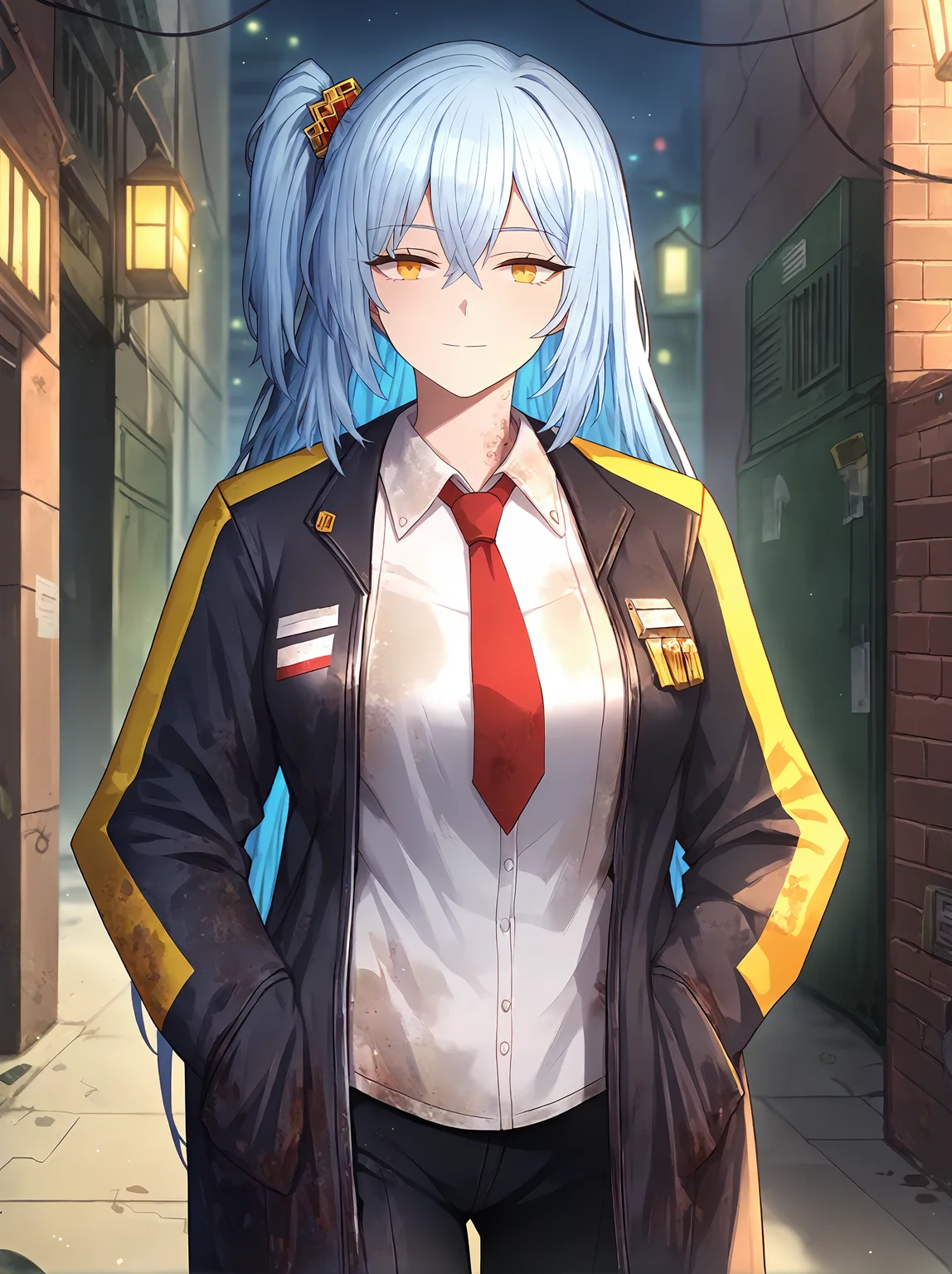 score_9,
<lora:limbus_company_v1_pruned:1>,
1girl, epic, long hair, light blue hair, large breasts, amber eyes, straight hair, one side up,
outdoors, city, alley, light smile, night, dark,
black jacket, open jacket, white shirt, red necktie, black pants, dirty clothes,
cowboy shot, looking at viewer,
high resolution, Masterpiece, detailed