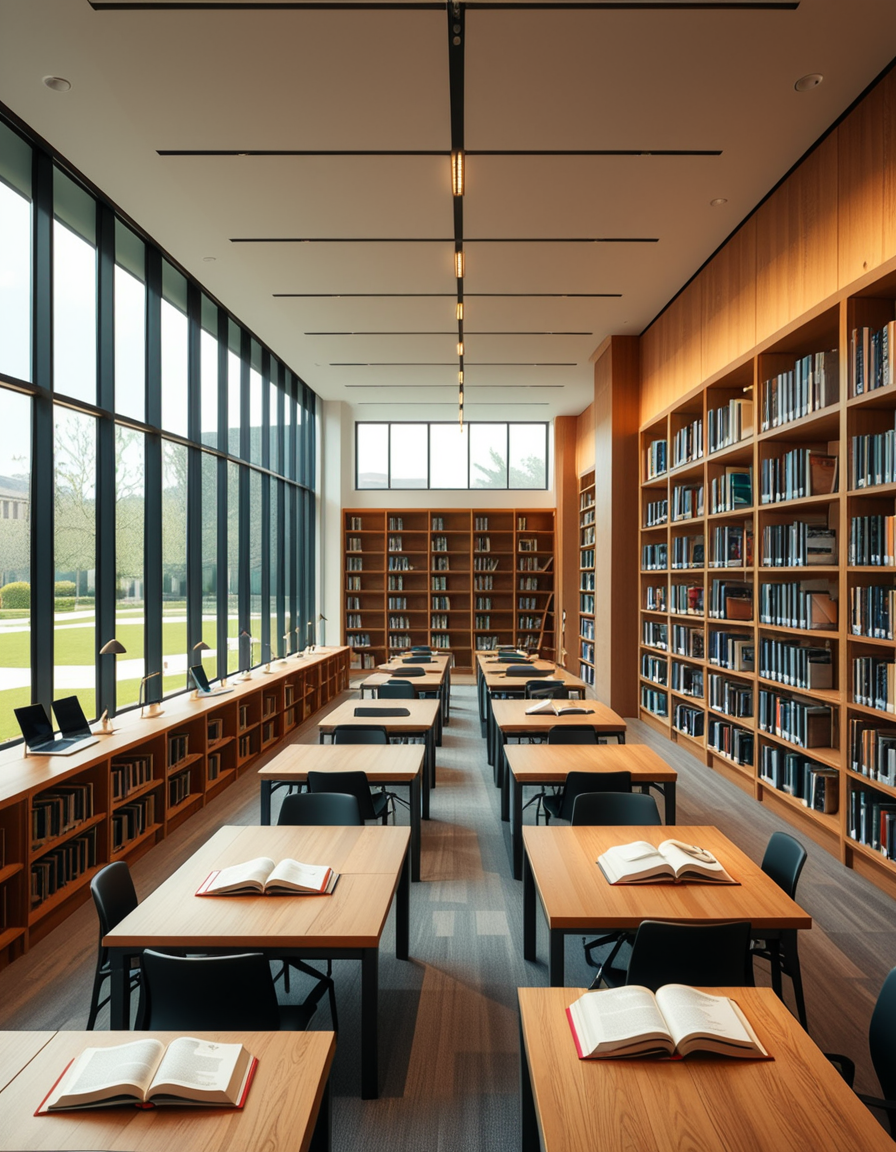 A high-resolution, ultra-realistic photograph of a modern college library interior. The scene showcases a spacious, open-plan design with large floor-to-ceiling windows allowing natural daylight to flood the space. The architectural style is contemporary, featuring minimalist furniture with clean lines: sleek wooden tables, ergonomic chairs in neutral tones (gray and beige), and built-in bookshelves made of light oak wood.
In the foreground, a group of diverse students (varied ethnicities and genders) are quietly studying, some using laptops, others reading books, with focused, calm expressions. One student is sipping coffee from a reusable cup.
The background displays rows of neatly organized books, indoor plants adding a touch of greenery, and modern pendant lights hanging from the ceiling, providing warm, ambient lighting. The floor is covered with soft gray carpet, and large abstract paintings decorate the walls, contributing to a cozy and intellectual atmosphere.
The overall mood is peaceful, studious, and inspiring, with balanced natural and artificial lighting, crisp details, and realistic textures, captured as if by a professional architectural photographer using a full-frame camera.
 <lora:SDXLFaeTastic2400:0.4> <lora:extremely_detailed:0.4> extremely detailed,<lora:modern_c0ll3g3_l1br4ry:1>,modern c0ll3g3 l1br4ry, Masterpiece,best quality,hi res,8k,hi res,8k,award winning,(sharp focus, intricate, highly detailed),