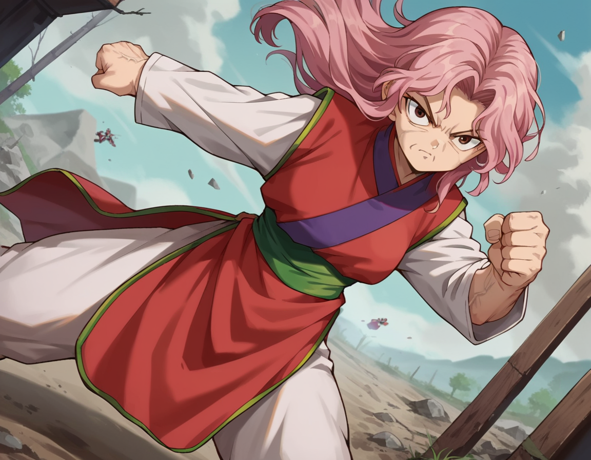 score_9, score_8_up, score_7_up, source_anime,
yyhgenkai, <lora:yyh-genkai-anime-ponyxl-lora-nochekaiser:1>,
genkai, long hair, brown eyes, pink hair, wrinkled skin, 
long sleeves, pants, sash, chinese clothes,
outdoors, wasteland, fighting stance,
looking at viewer, dutch angle, cowboy shot,