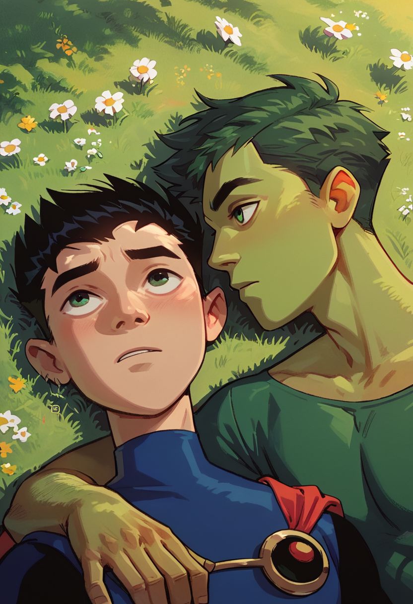 score_9, score_8_up, score_7_up, BRAKE green hair, green skin, beastboy, beast boy, BRAKE (black hair:1.2), mask, 
pale skin, human, robin, BRAKE teen titans, in a field, 2 boys laying together next to each other, looking into each others eyes, view from above, (close up:0.6), romantic,