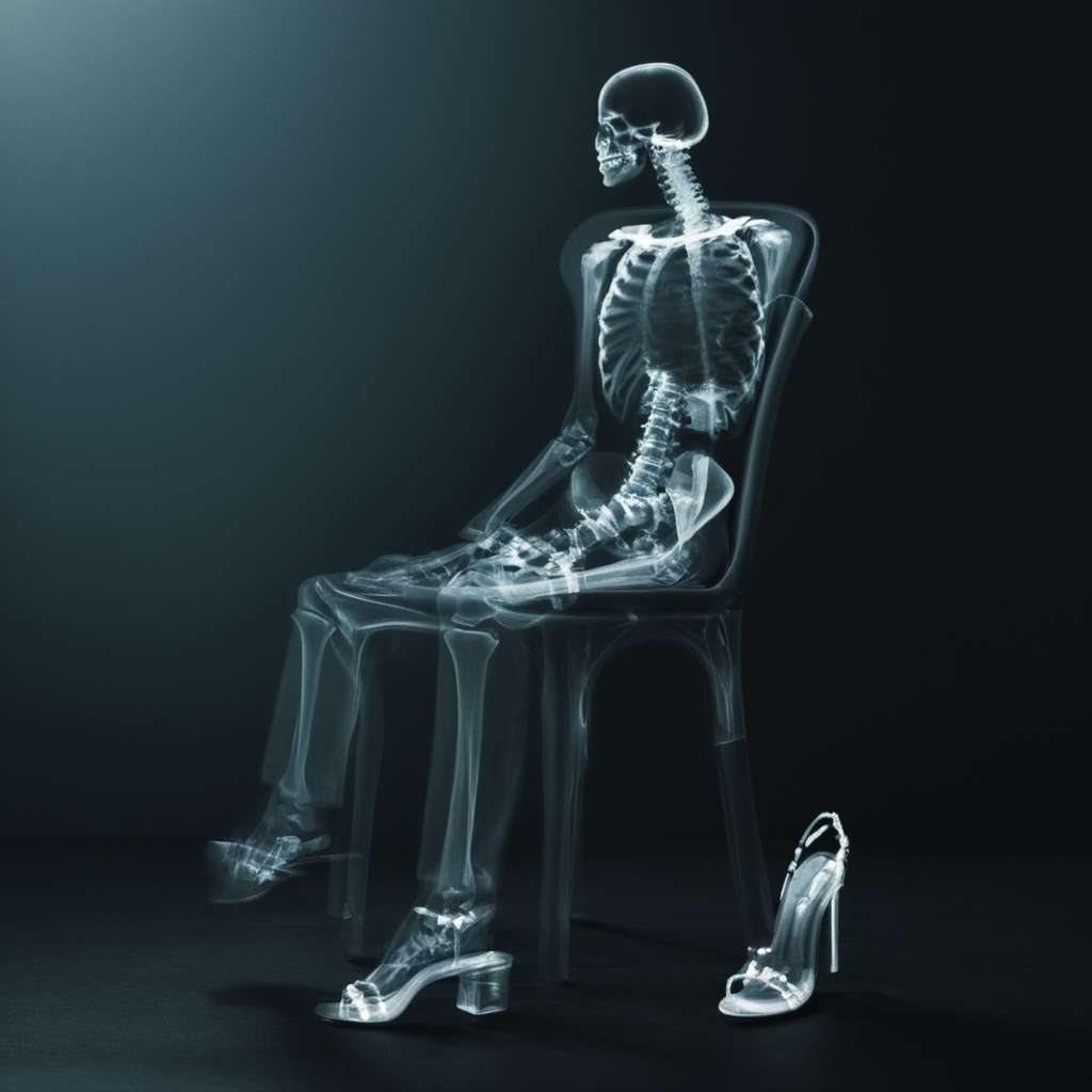 cinematic film still of  <lora:x-ray style:1> X-ray of
a skeleton sitting on a chair with a pair of shoes,x-ray style, shallow depth of field, vignette, highly detailed, high budget, bokeh, cinemascope, moody, epic, gorgeous, film grain, grainy
