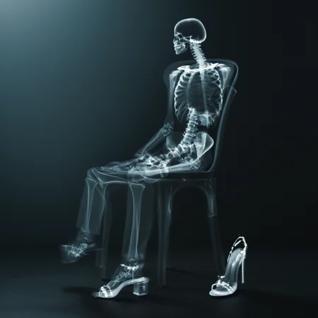 cinematic film still of <lora:x-ray style:1> X-ray of
a skeleton sitting on a chair with a pair of shoes,x-ray style, shallow depth of field, vignette, highly detailed, high budget, bokeh, cinemascope, moody, epic, gorgeous, film grain, grainy
