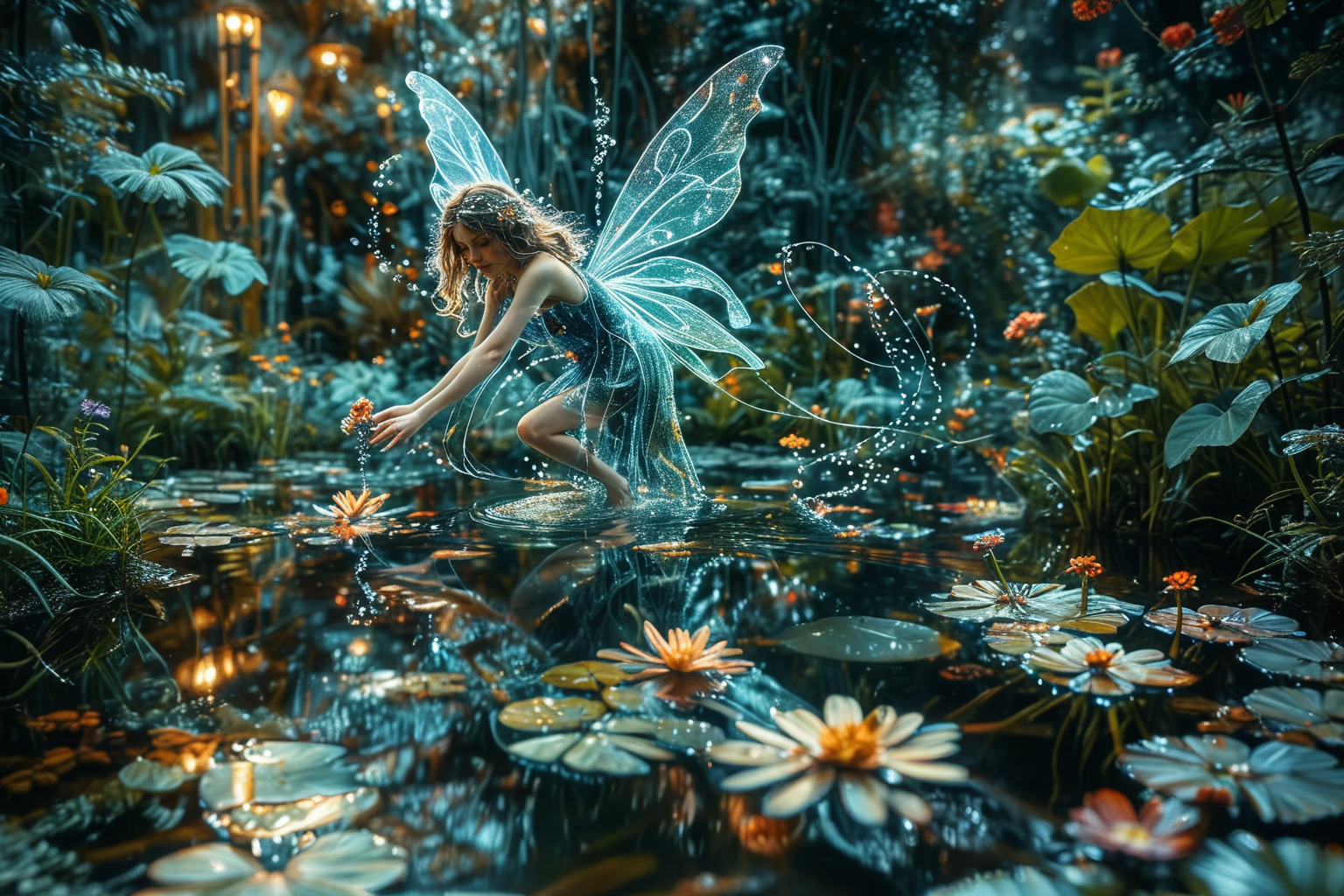 Close up photo of a ((water fairy)) gliding over a pond in a garden, reflections in the water, night scene. in the style of double exposure, Art Nouveau, long exposure, layered lines, chiaroscuro, absurdres, Long_Exposure ral-exposure, i <lora:ral-exposure-sdxl:0.700000>