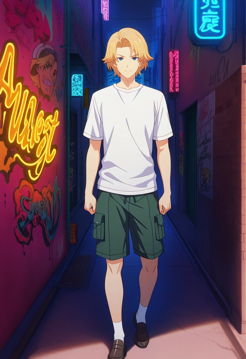 masterpiece, best quality, , (realistic:0.6),, 1boy, solo, male focus, <lora:august_von_earlshide_ilxl:0.98>, august_von_earlshide, blonde hair, blue eyes, short hair, , urban alley, graffiti murals, neon signs, damp bricks, walking pose, confident expression, late-night ambiance, Cargo boardshorts, Thermal shirt, Loafers, ,