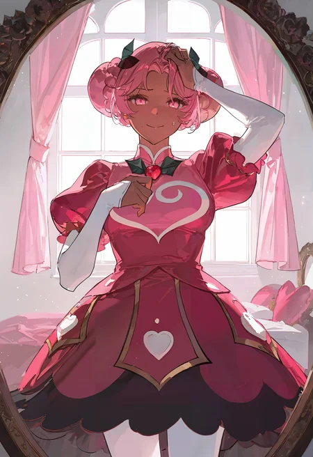  hbcrk, year 2024, masterpiece, best quality, ultra-detailed, very aesthetic, very awa, newest, absurdres, highres, 1girl, pink eyes, dark pink hair, solo, dark skin, dark-skinned female, hair ornament, puffy sleeves, hair bun, mature female, white pantyhose, double bun, red dress, medium breasts, cowboy shot, solo, cowboy shot, smile, light smile, shy, indoors, bedroom, (looking in mirror, pov:1.2), smile, ornate, rella, adjusting hair, white wall, solo, straight-on, light rays, window, light particles, sweatdrop, curtains,