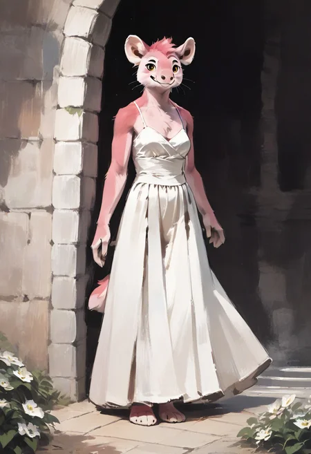 Score_9, score_8_up, score_7_up, from front, Standing, Long dress, Twirling, smile,
full body, tiny tail, long nose, round nose, pink fur, yellow eyes,
anthro, (source_furry), M0unta1n_Tap1r