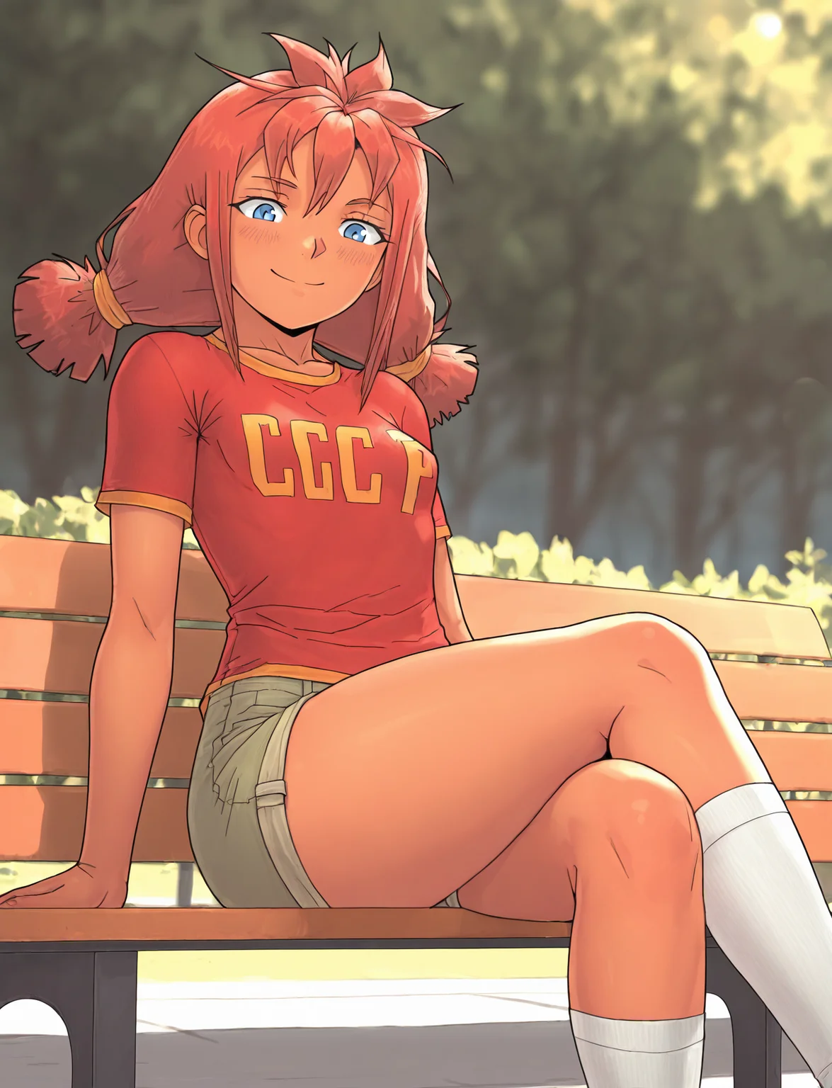 masterpiece, best quality, amazing quality, very aesthetic, absurdres, sitting on bench, crossed legs
 <lora:LeonzoIll-000002:1> leonzo_ill
<lora:Ulyana_illustriousXL_V1:1> us, blue eyes, low twintails, red hair, red t-shirt, shorts, red sneackers, white socks,smile