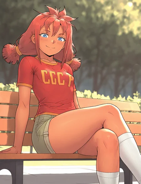 masterpiece, best quality, amazing quality, very aesthetic, absurdres, sitting on bench, crossed legs
<lora:LeonzoIll-000002:1> leonzo_ill
<lora:Ulyana_illustriousXL_V1:1> us, blue eyes, low twintails, red hair, red t-shirt, shorts, red sneackers, white socks,smile