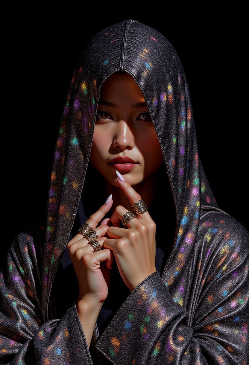 (highly detailed, 8K, high-definition DSLR portrait illustration) A Southeast Asian woman with a sharp jawline and refined bone structure is partially veiled beneath an intricate, flowing hooded garment made of iridescent metallic fabric. The material catches the low, directional light in cascading reflections of silver, amethyst, and pale green, creating an ethereal aura around her. Only her intense eyes and the tops of her shoulders remain visible, emerging from beneath the shimmering folds of fabric that frame her face in soft arcs.
The hood is pulled forward, casting delicate shadows across her high cheekbones and emphasizing her angular, sculptural features. Her hands, positioned gracefully near her face, are adorned with ornate rings in antique gold and hematite, each bearing intricate, possibly handcrafted designs, contributing to the overall atmosphere of opulence and mystique.
Set against a deep charcoal-black background, the brilliance of the reflective textile and the glint of the jewelry command attention, drawing the eye to every detail. The low-key lighting sculpts the scene with contrast and depth, enhancing the moody, luxurious tone of the portrait. This composition blends high fashion with art photography, capturing a sense of regal, enigmatic elegance.