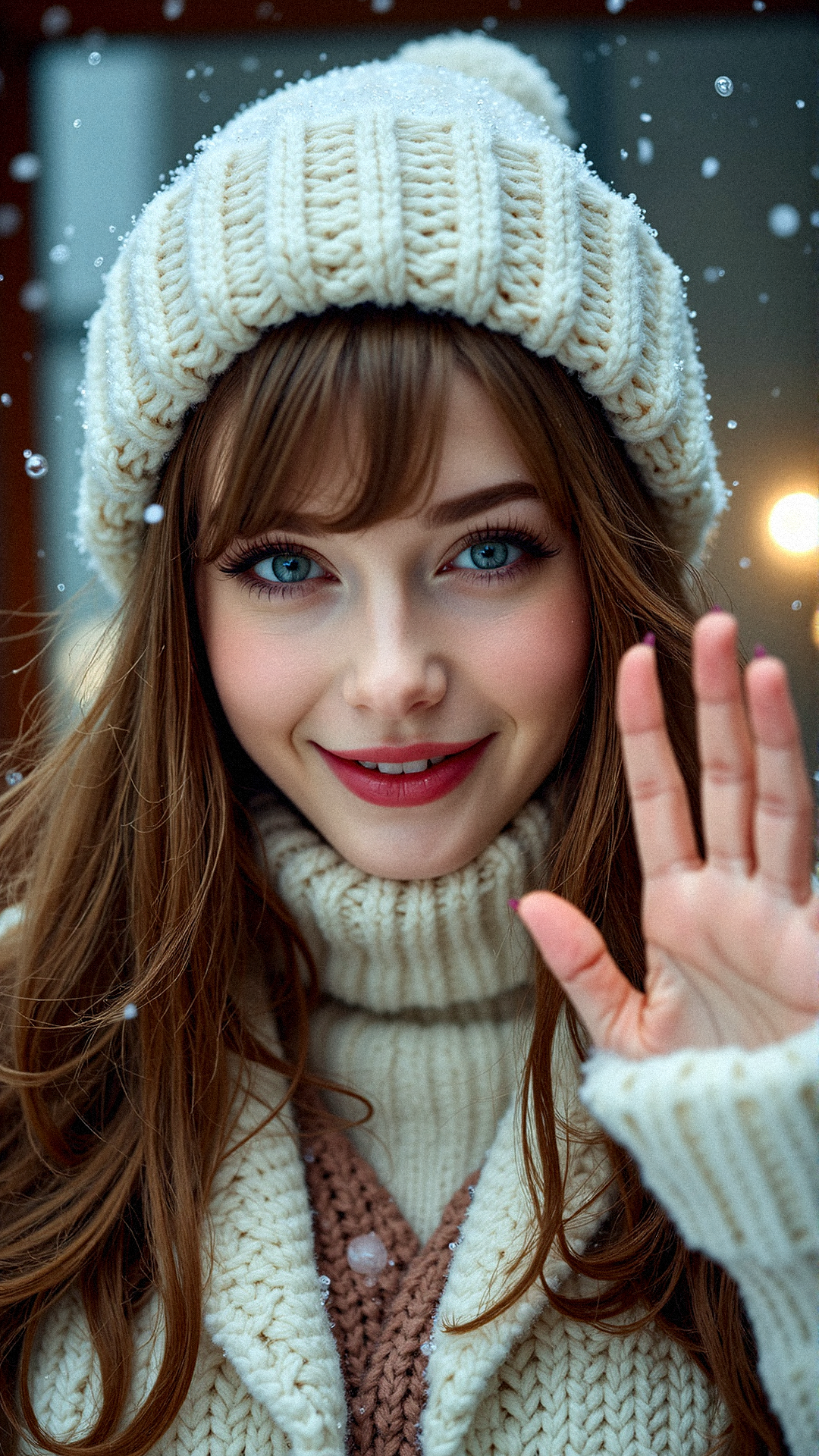 Extreme photorealistic photography of Snowy Elegance with Playful Expression. A woman, light blue eyes, pink lips, Mid-shot, waving with one hand, snowfall gently falling.Softly lit background with frosted windows,

Extreme emphasize on photorealistic, realistic detail, realistic reflection detail and realistic background detail. 















