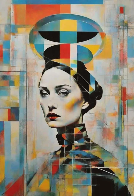 Dali, Malevitch, Rodchenko, Mondrian, Kandinsky, psychedelic hallucination, pop surrealism, rough crosshatch drawing pop art Lunatic_Portrait of a girl in latex, slick back, low bun, black makeup, sinister expression, intense glare, avant-garde, abstract, weird, geometric, constructivism, suprematism, rayonism, verticism, lineism, tj