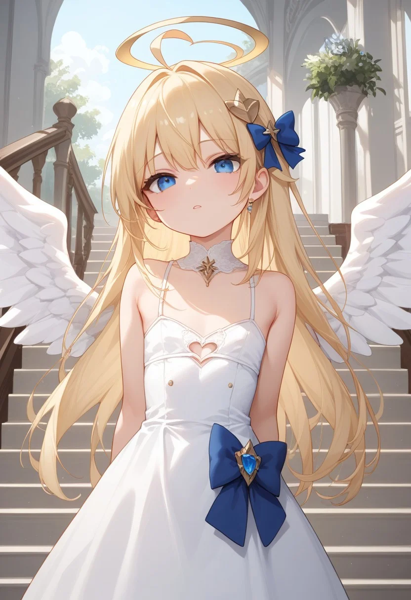 score_9, score_8_up, score_7_up, Expressiveh,
filo, blonde hair, ahoge, hair ornament, flat chest, bangs, long hair , angel wings, white dress, blue bow,stairs, arms at sides,