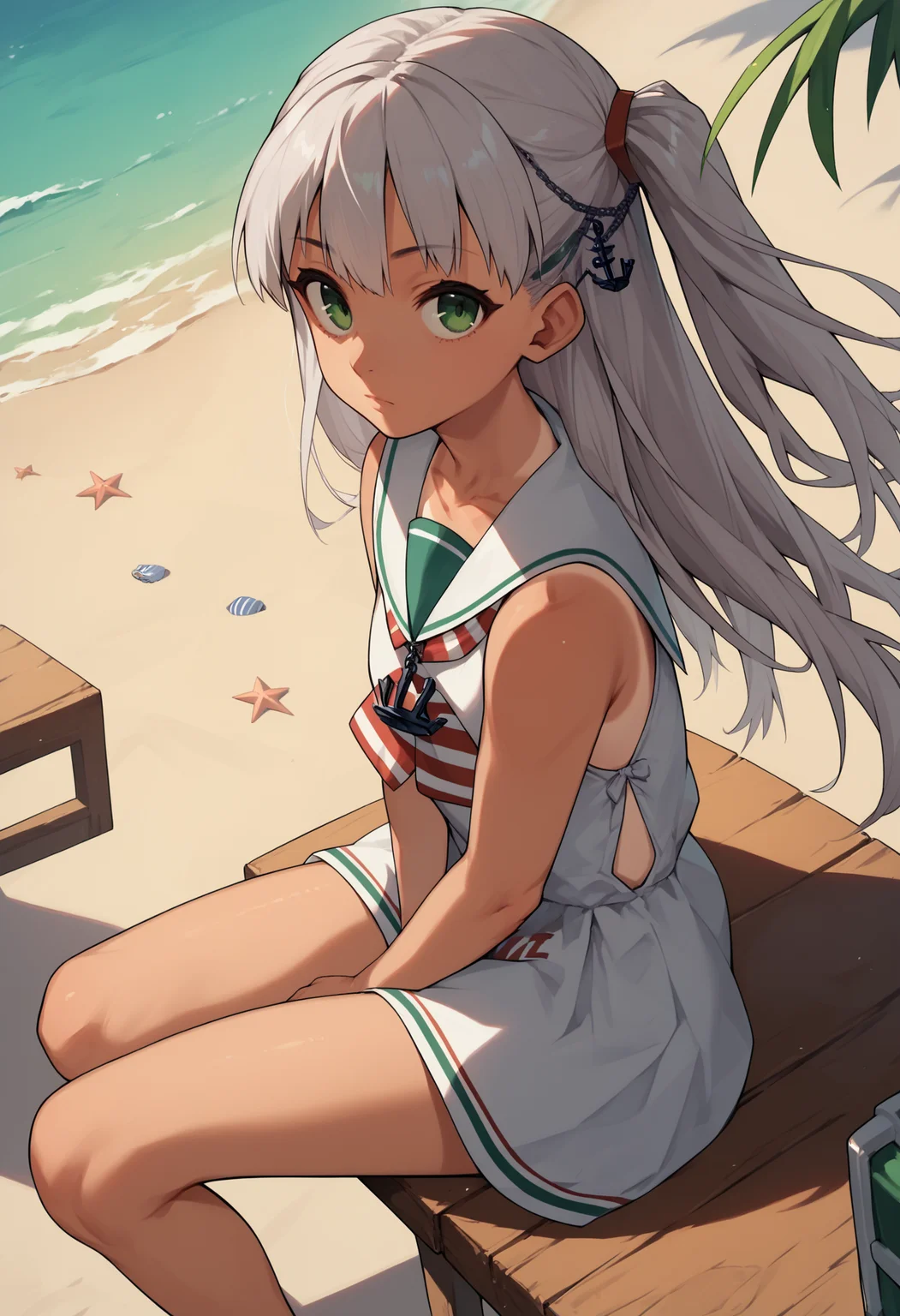score_9, score_8_up, score_7_up, score_6_up, score_5_up, score_4_up, BREAK, beach, wooden table, sitting, looking at viewer, from side,
<lora:maestralev1-000012:1>, maestralekc, one-piece tan, tanlines, grey hair, one side up, green eyes, long hair, anchor hair ornament, maestralebase, sleeveless dress, clothes writing, neckerchief, white sailor collar, anchor necklace, hair tie,