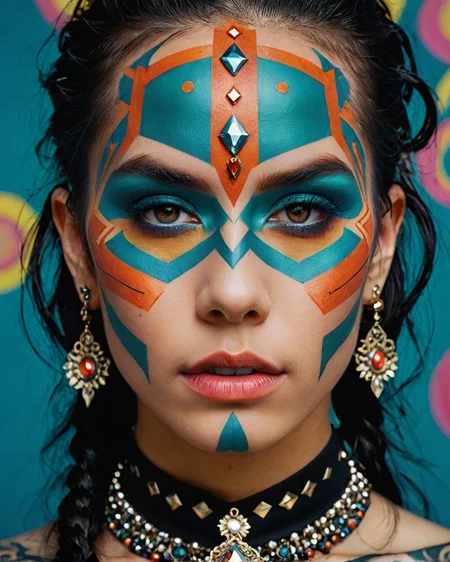 <lora:shaman2:1> adrr-shmn, photograph, portrait, close up of a Matías, Anime screencap, fabulous colors, magnificent, best, imposing, highly color focused, cute, complex artistic color composition, dynamic dramatic atmosphere, shiny, tattoo, colored skin, jewelry, facepaint