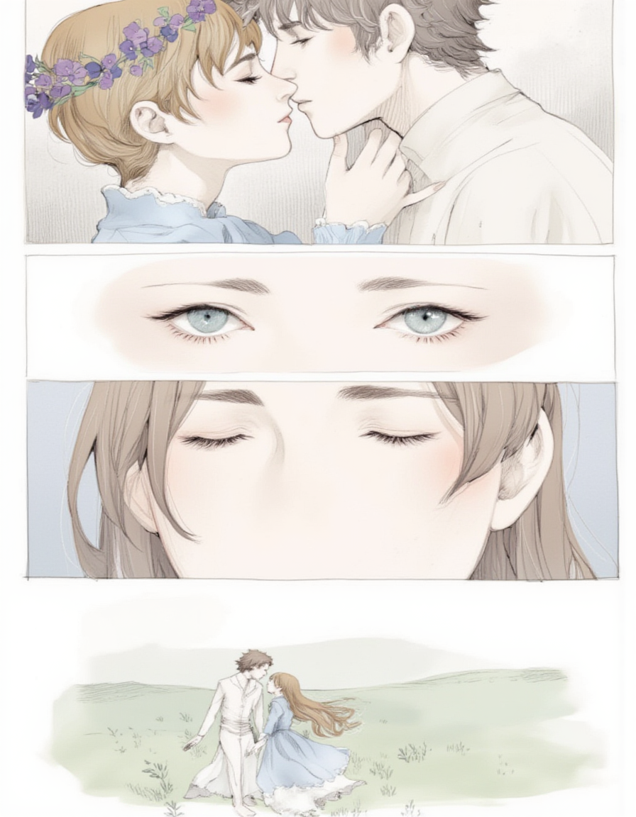 <lora:choffi:1>This image is a digital drawing in a soft, pastel color palette with a romantic and delicate style. It features two characters in a series of four panels. The top-left panel shows a close-up of two faces engaged in a passionate kiss. The man has light brown, messy hair adorned with a purple flower crown, and his skin is pale. He is dressed in a light blue shirt. The woman has long, straight brown hair and fair skin. She wears a blue dress with puffy sleeves and a high collar, and her eyes are closed in ecstasy.
The top-right panel zooms in on the woman's face, showing her closed eyes and a serene expression. Her hand gently touches her cheek, and her hair flows softly.
The bottom-left panel is a close-up of the woman's eyes, which are large and blue, with long, thick lashes. Her gaze is directed downwards, adding a sense of introspection or tenderness.
The bottom-right panel shows the couple in a pastoral setting. The man, with his back to the viewer, is holding the woman's hand as they walk through a field of grass with soft, muted greens. The woman's dress is now seen from the back, with a flowing, ethereal quality. The background is a soft,