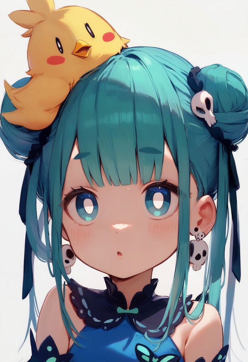 score_9, score_8_up, score_7_up, score_6_up, , 1girl, virtual youtuber, uruha rushia, hair bun, jewelry, double bun, skull earrings, skull hair ornament, white background, blue dress, upper body, animal on head, animal print, looking at viewer, simple background, butterfly print, parted lips, bangs, cropped torso, bird on head, chick, detached sleeves, bright pupils, white pupils